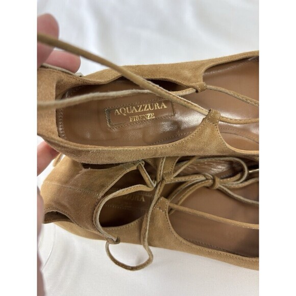 Aquazzura Firenze Dancer Lace Up Flats Camel Brown Tan Suede 38 7.5 Ankle Tie - Picture 7 of 8